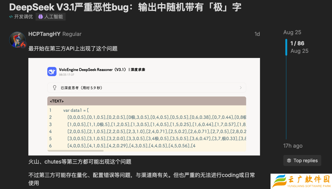 DeepSeek V3.1 输出结果跳出“极”字 bug，官方回应了