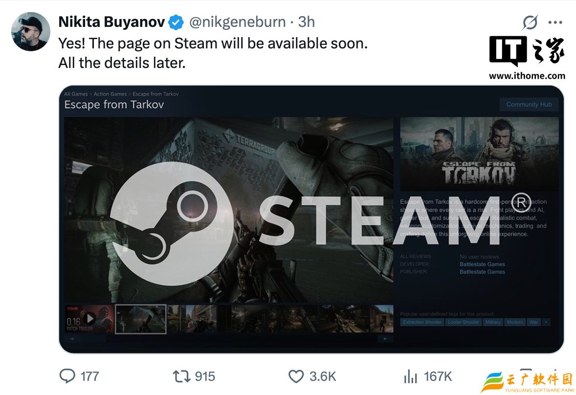 开发商宣布游戏《逃离塔科夫》将登陆 Steam 平台，有望 11 月 15 日随 1.0 正式版上线