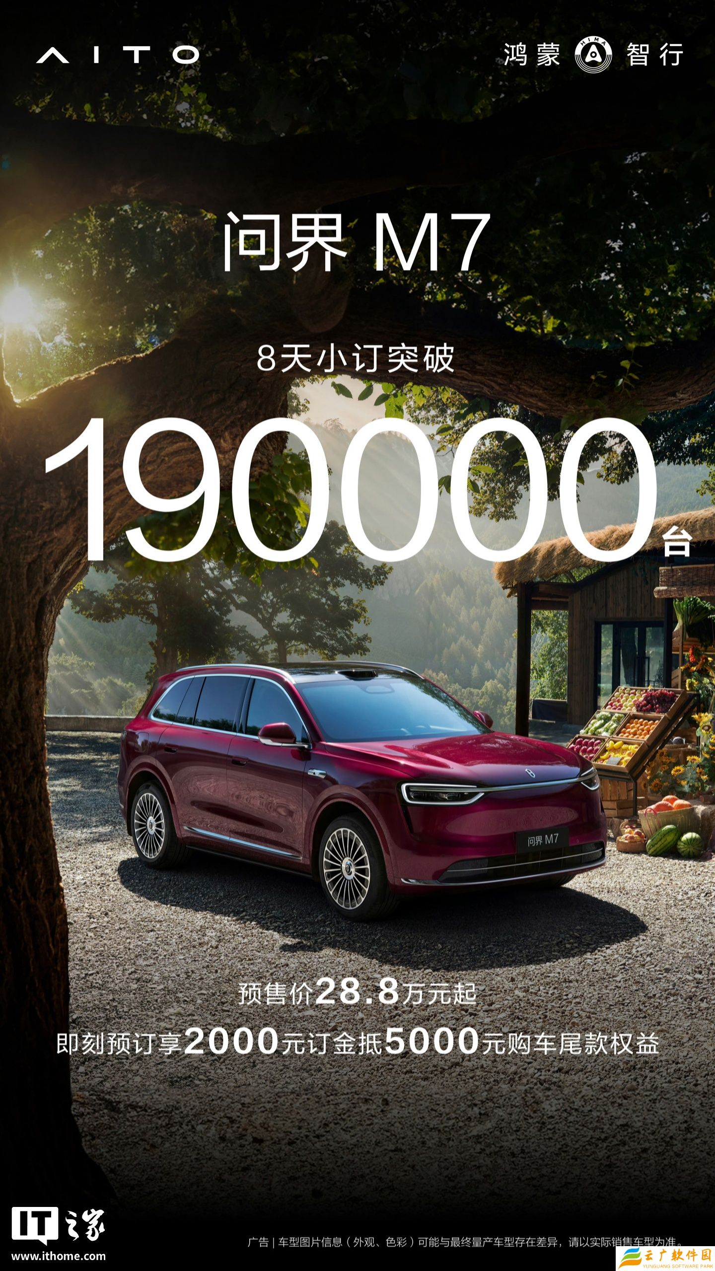 鸿蒙智行全新问界 M7 汽车 8 天小订突破 19 万台，预售价 28.8 万元起