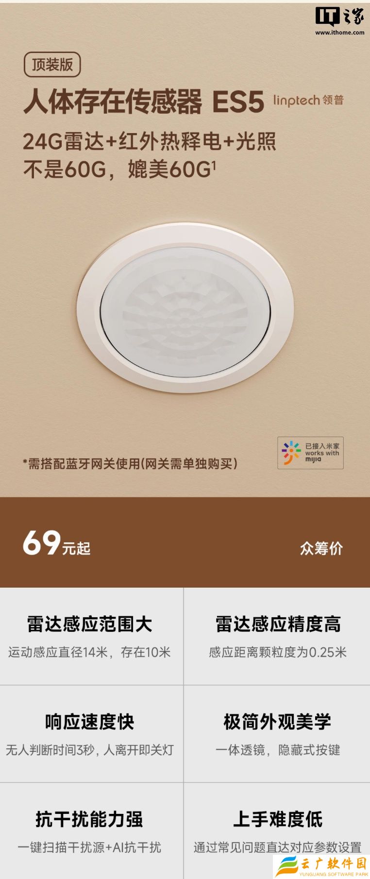 领普顶装人体存在传感器 ES5 上架：雷达、红外、光照检测三感合一，单只 69 元